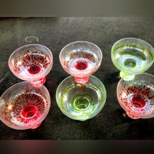 NWOT Set of 6 Art Glass Margarita Glasses4 Red, 2 Green Splattered Wide Round